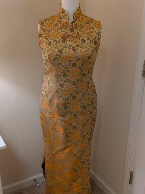 Vintage Chinese Cheongsam Dress Set Gold Brocade Dragon 2 Piece Custom Size 10